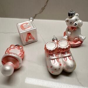 Set 4 Baby Pink First Christmas 2005 Glass Ornaments Bear Pacifier Booties Block